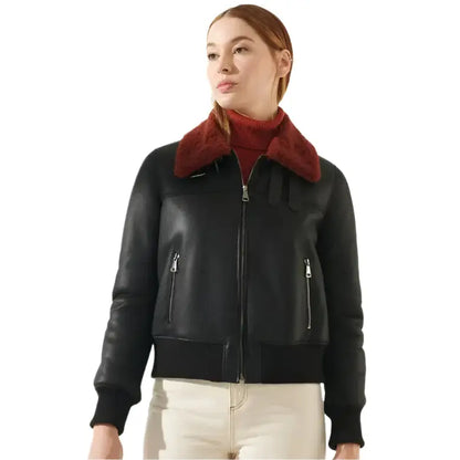 Women's Leather Bomber Jacket with Red Faux Fur Collar
