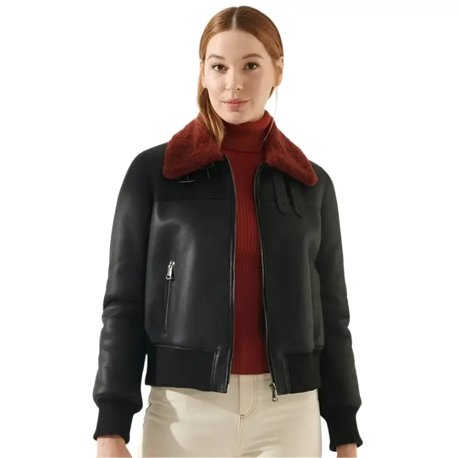 Women's Leather Bomber Jacket with Red Faux Fur Collar