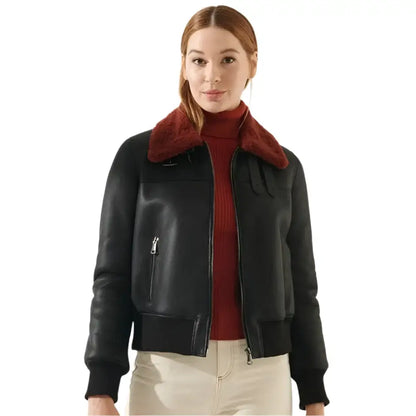 Women's Leather Bomber Jacket with Red Faux Fur Collar