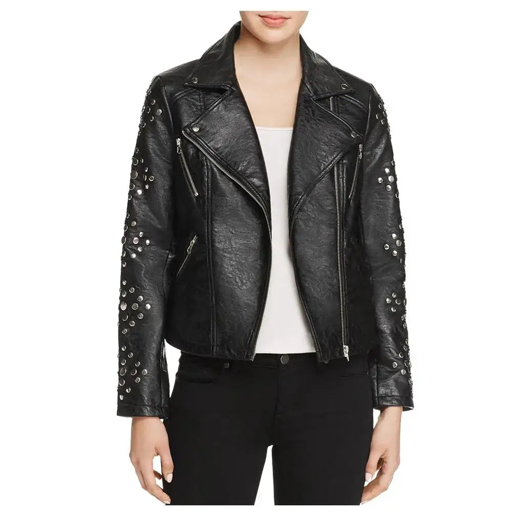 Women’s Black Pin-Studded Biker Leather Jacket