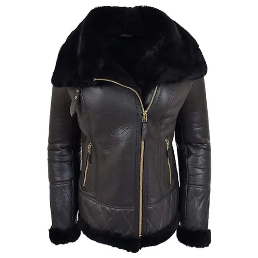 Women’s Black Double Face Merino Shearling Aviator Coat