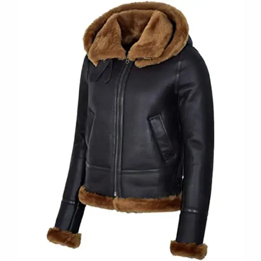 Womens Black Hooded Sheepskin Aviator Jacket
