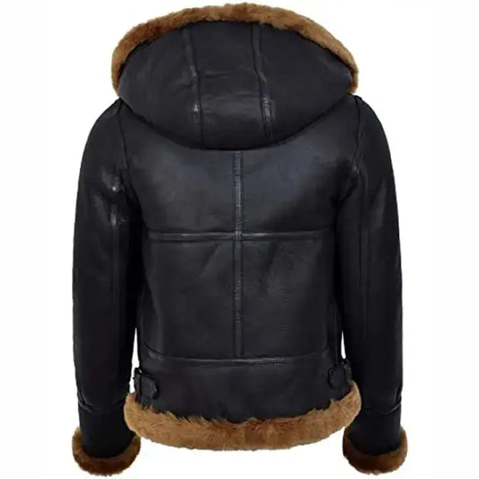 Womens Black Hooded Sheepskin Aviator Jacket