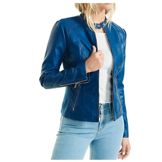 Women's Blue Soft Lambskin Motorcycle Racer Leather Jacket