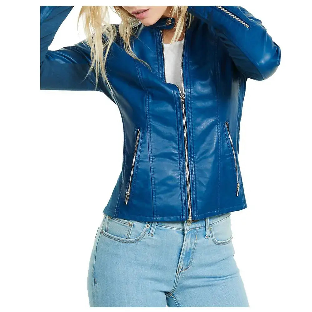 Women's Blue Soft Lambskin Motorcycle Racer Leather Jacket