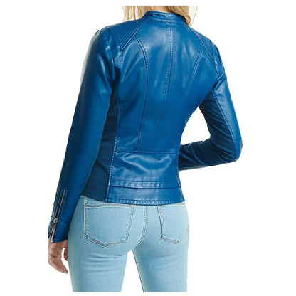 Women's Blue Soft Lambskin Motorcycle Racer Leather Jacket