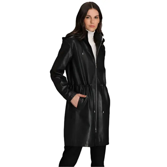 Women’s Hooded Black Lamb Leather Coat with Zip Front