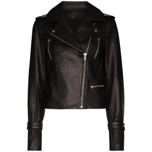 Women’s Petite Black Leather Asymmetrical Jacket