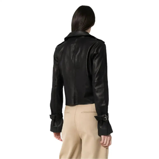 Women’s Petite Black Leather Asymmetrical Jacket