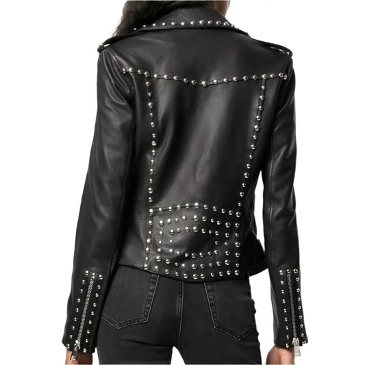 Women’s Black Leather Brando Jacket with Silver Studs