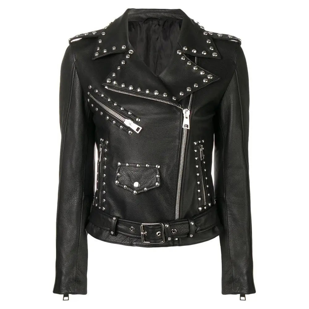 Women’s Black Leather Brando Jacket with Silver Studs