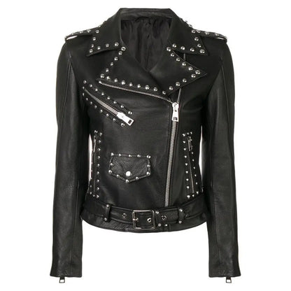 Women’s Black Leather Brando Jacket with Silver Studs