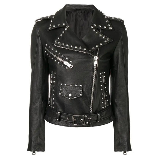 Women’s Black Leather Brando Jacket with Silver Studs