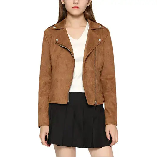 Women's Suede Moto Jacket with Notched Collar