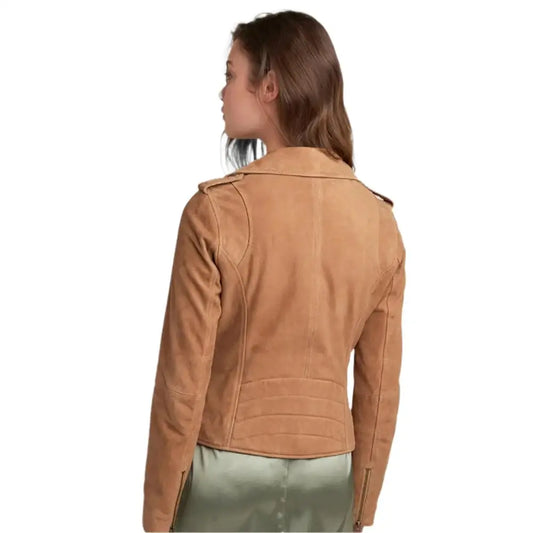 Women's Tan Brown Suede Leather Moto Jacket