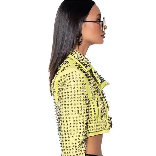 Women’s Yellow Studded Brando Biker Jacket