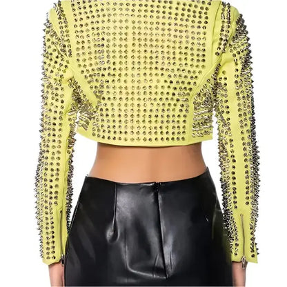 Women’s Yellow Studded Brando Biker Jacket
